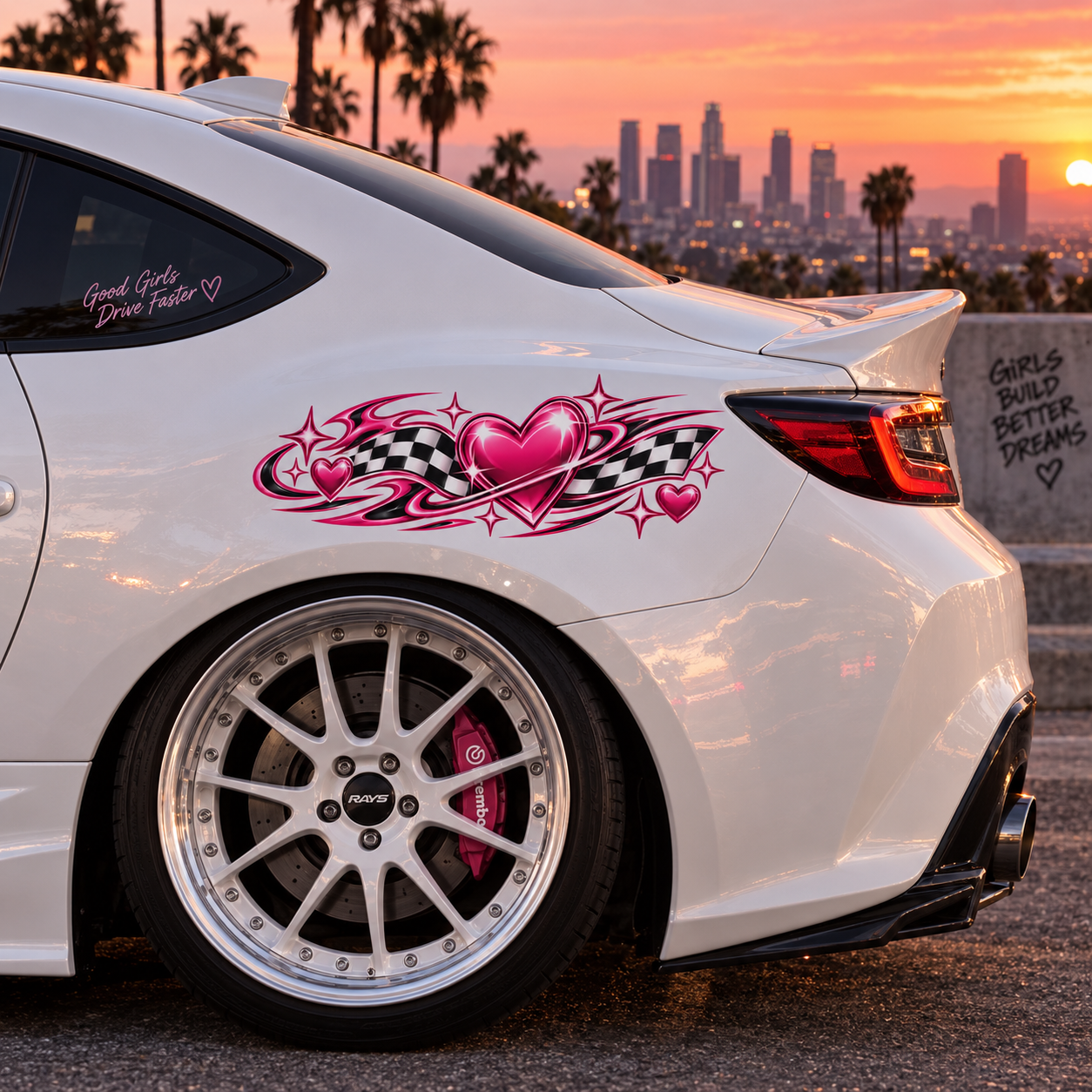 Heart Rush Side Panel Car Decal | Pink Checkered Racing Decal