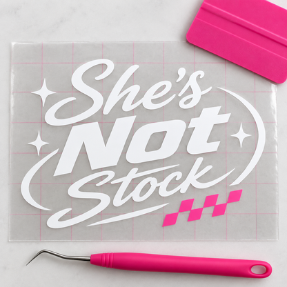 She’s Not Stock Car Decal | White & Pink Vinyl Window Decal