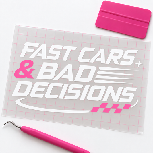 Fast Cars & Bad Decisions Car Decal | White & Pink Vinyl Window Decal
