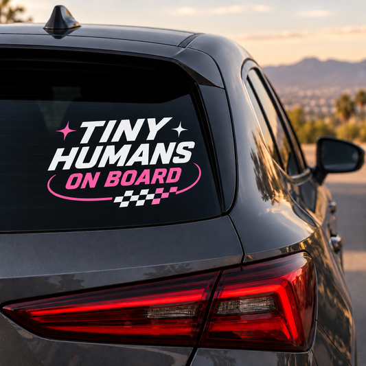 Tiny Humans On Board Car Decal | White & Pink Vinyl Window Decal