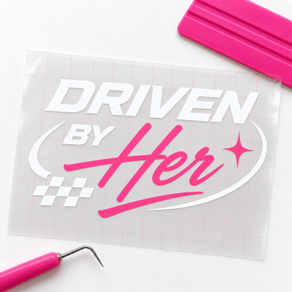 Driven By Her Car Decal | White & Pink Vinyl Window Decal