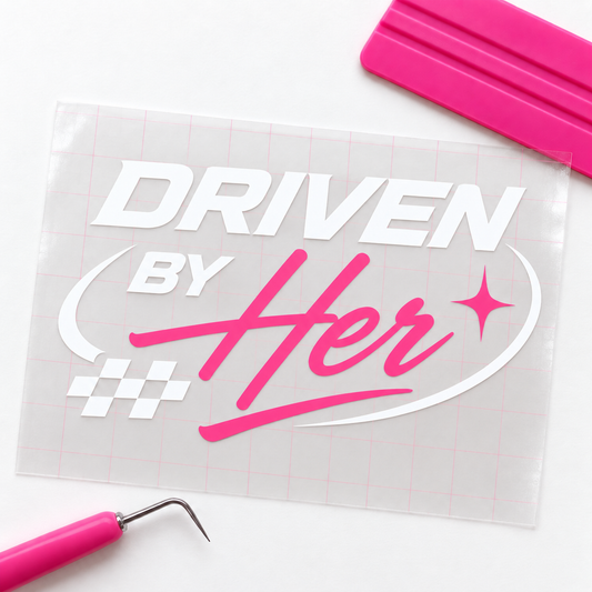 Driven By Her Car Decal | White & Pink Vinyl Window Decal