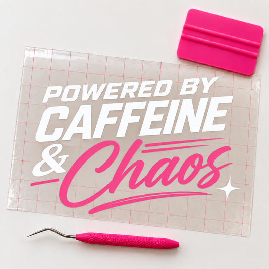 Powered by Caffeine & Chaos Car Decal | White & Pink Vinyl Window Decal
