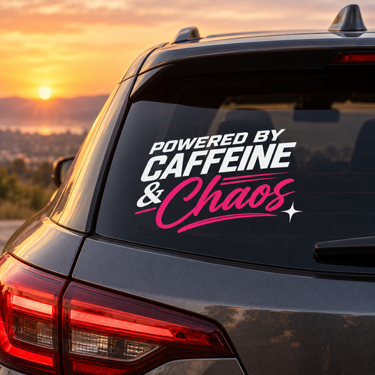 Powered by Caffeine & Chaos Car Decal | White & Pink Vinyl Window Decal