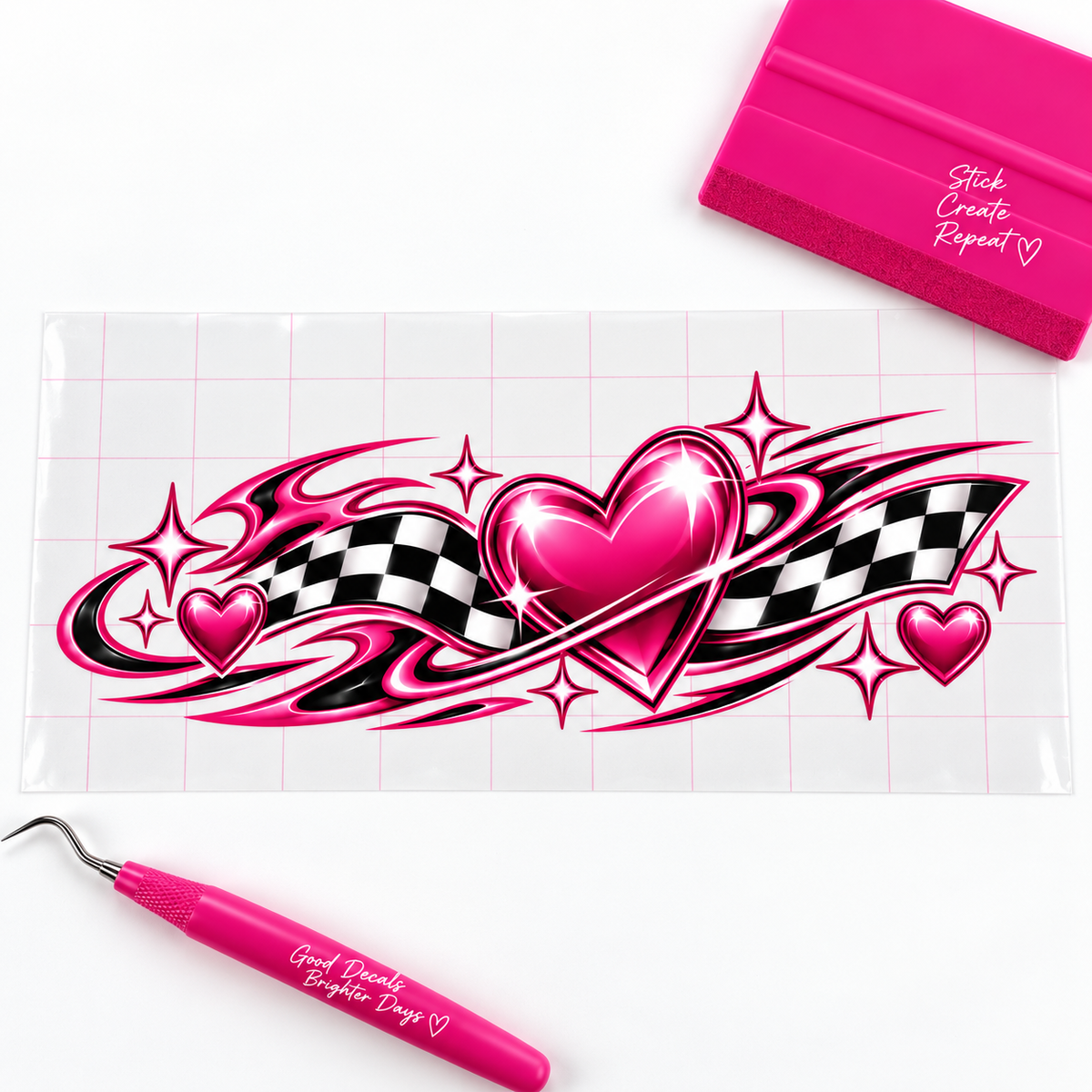 Heart Rush Side Panel Car Decal | Pink Checkered Racing Decal