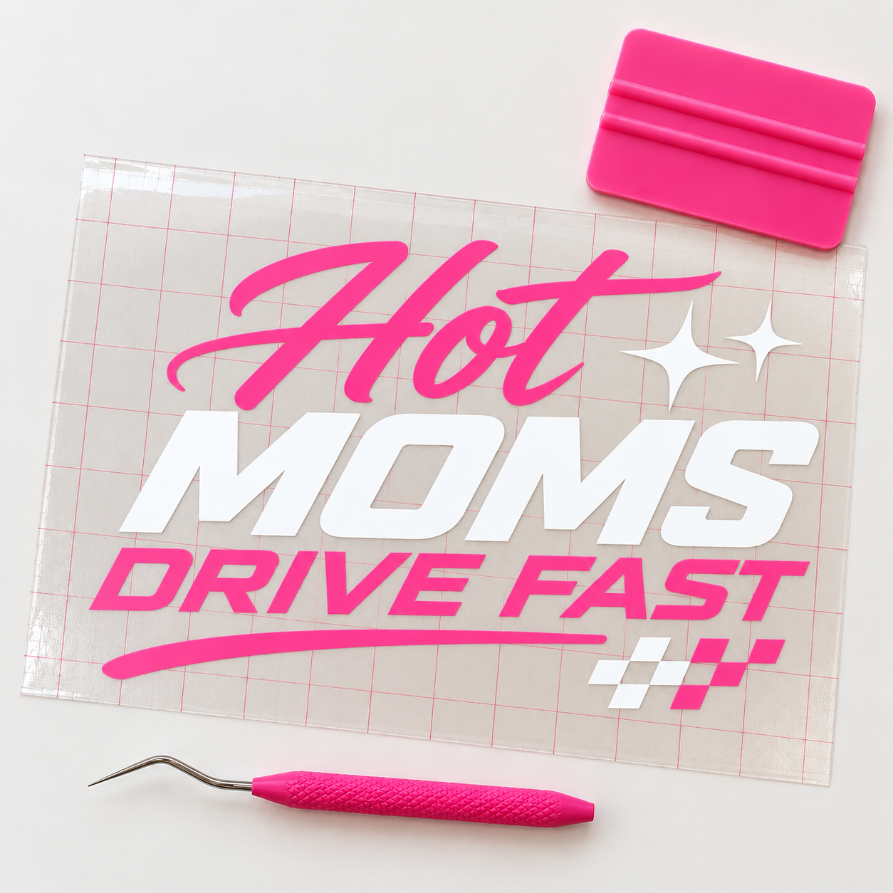 Hot Moms Drive Fast Car Decal | White & Pink Vinyl Window Decal