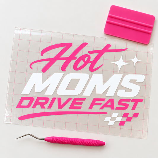 Hot Moms Drive Fast Car Decal | White & Pink Vinyl Window Decal