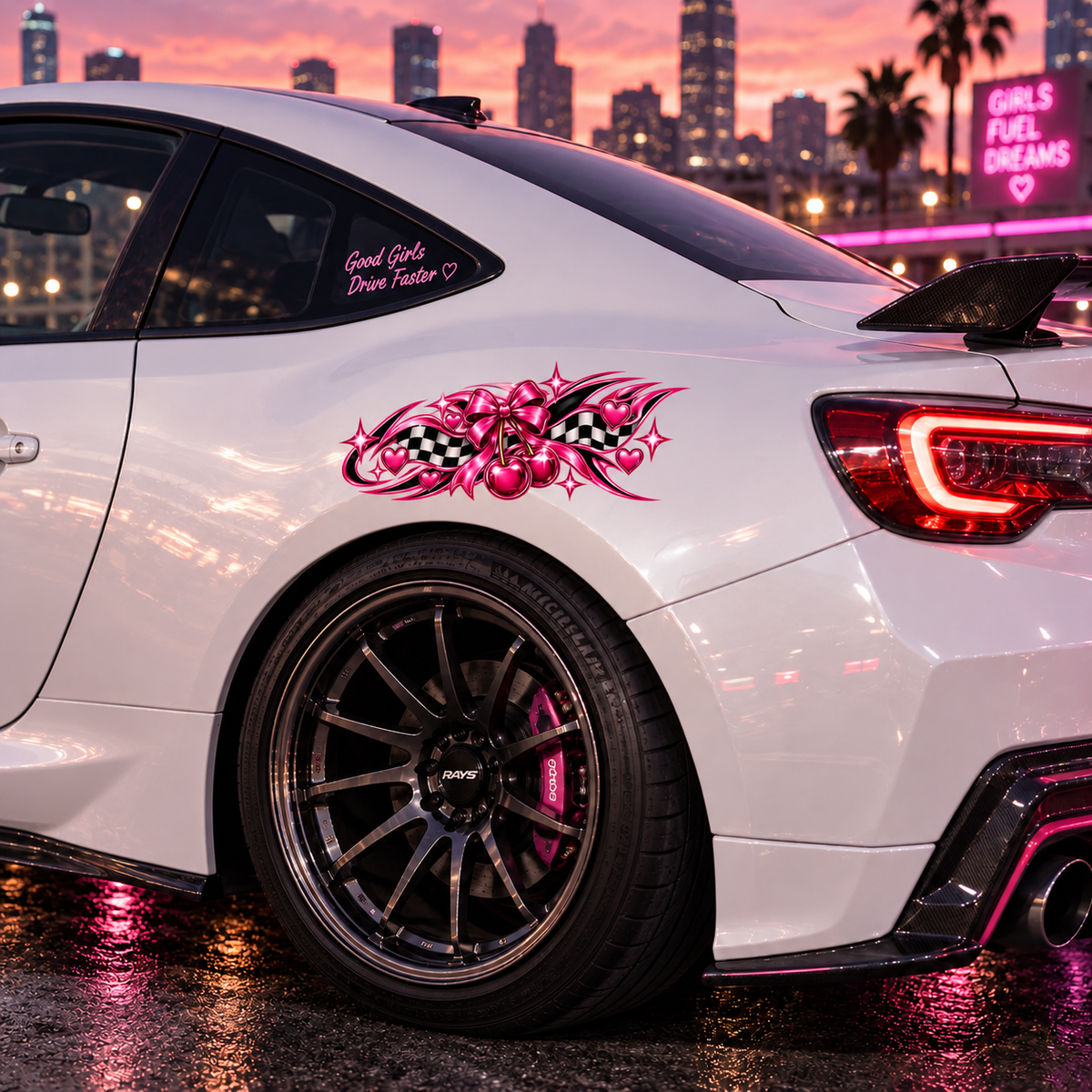 Cherry Rush Bow Side Panel Car Decal | Pink Cherry Racing Decal