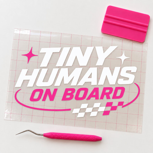 Tiny Humans On Board Car Decal | White & Pink Vinyl Window Decal