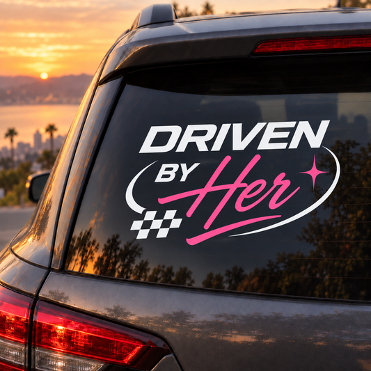 Driven By Her Car Decal | White & Pink Vinyl Window Decal